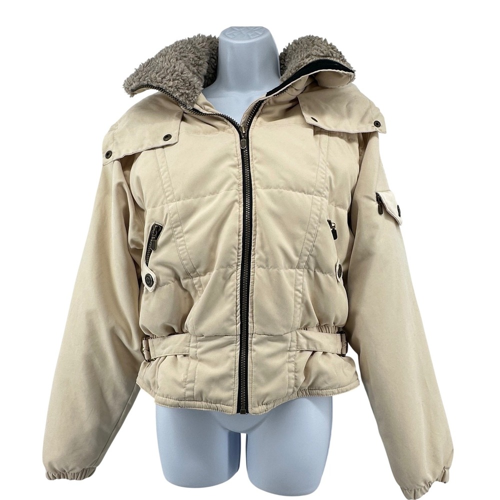 Nils Down Puffer Ski Jacket Women 10 Beige Faux Fur Trim Hooded USA Winter Cozy